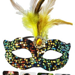 Mey İthalat® Siyah Kadife Üzeri Rengarenk Payetli Pullu Sarı Tüylü Sarı Taşlı Parti Maskesi 19x21 cm