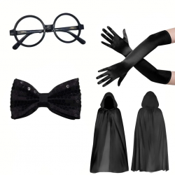 Mey İthalat® Siyah Kapüşonlu Büyücü ve Cadı Pelerin Kostüm Seti (4 Parça)