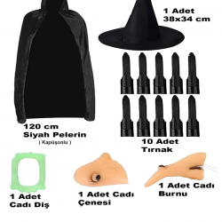 Mey İthalat® Siyah Kapüşonlu Pelerin 120 cm Tırnaklar Diş Çene Burun ve Şapka Seti