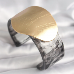 Mey İthalat® Siyah Mermer Desen Akrilik Plastik Gold Daire Plaka Model Vintage Kadın Bilezik