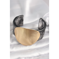 Mey İthalat® Siyah Mermer Desen Akrilik Plastik Gold Daire Plaka Model Vintage Kadın Bilezik