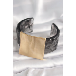 Mey İthalat® Siyah Mermer Desen Akrilik Plastik Gold Kare Plaka Model Vintage Kadın Bilezik