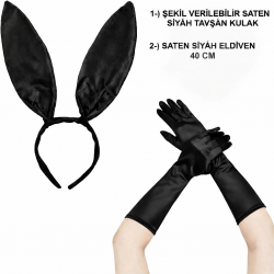 Mey İthalat® Siyah Parlak Tavşan Kulak ve 40 cm Parlak Siyah Eldiven Kostüm Seti