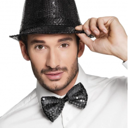 Mey İthalat® Siyah Payetli Şapka ve Papyon Seti – Parıltılı Yetişkin Kostüm Seti