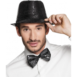 Mey İthalat® Siyah Payetli Şapka ve Papyon Seti – Parıltılı Yetişkin Kostüm Seti