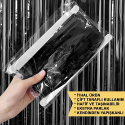 Mey İthalat® Siyah Renk Ekstra Metalize Parlak Saçaklı Arka Fon Perde İthal  1x2 Metre