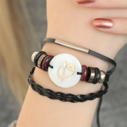Mey İthalat® Siyah Renk Elif Vav Tasarım Çoklu Deri Bayan Bileklik