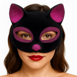 Mey İthalat® Siyah Renk Fuşya Simli Süet Kaplama Kedi Maskesi 18x14 cm