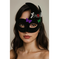 Mey İthalat® Siyah Renk İncili Taşlı Süet Kaplama Venedik Parti Maskesi 20x22 cm