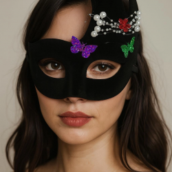 Mey İthalat® Siyah Renk İncili Taşlı Süet Kaplama Venedik Parti Maskesi 20x22 cm
