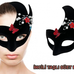 Mey İthalat® Siyah Renk İncili Taşlı Süet Kaplama Venedik Parti Maskesi 20x22 cm