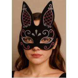 Mey İthalat® Siyah Renk Kırmızı Beyaz Simli Siyah Süet Kaplama Tavşan Maskesi 18x16 cm