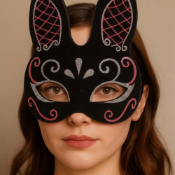 Mey İthalat® Siyah Renk Kırmızı Beyaz Simli Siyah Süet Kaplama Tavşan Maskesi 18x16 cm