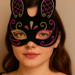 Mey İthalat® Siyah Renk Kırmızı Gold Simli Siyah Süet Kaplama Tavşan Maskesi 18x16 cm