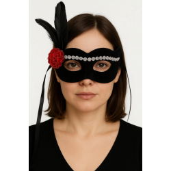 Mey İthalat® Siyah Renk Süet Kaplama Gümüş Dantelli Kırmızı Gül Tasarımlı Parti Maskesi 18x20 cm