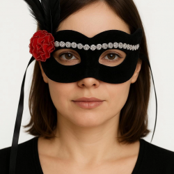 Mey İthalat® Siyah Renk Süet Kaplama Gümüş Dantelli Kırmızı Gül Tasarımlı Parti Maskesi 18x20 cm