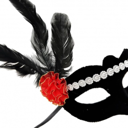 Mey İthalat® Siyah Renk Süet Kaplama Gümüş Dantelli Kırmızı Gül Tasarımlı Parti Maskesi 18x20 cm