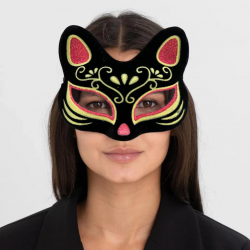 Mey İthalat® Siyah Renk Süet Kaplama Üzeri Kırmızı Sarı Simli Kedi Maskesi 17x14 cm
