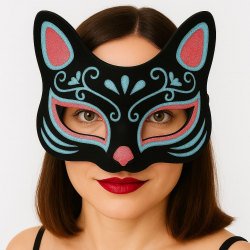 Mey İthalat® Siyah Renk Süet Kaplama Üzeri Mavi Kırmızı Simli Kedi Maskesi 17x14 cm