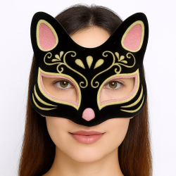 Mey İthalat® Siyah Renk Süet Kaplama Üzeri Pembe Sarı Simli Kedi Maskesi 17x14 cm
