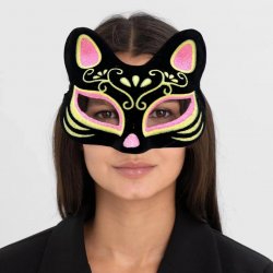 Mey İthalat® Siyah Renk Süet Kaplama Üzeri Pembe Sarı Simli Kedi Maskesi 17x14 cm