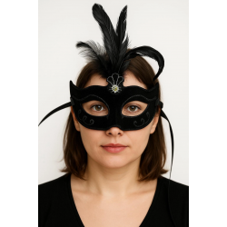 Mey İthalat® Siyah Renk Tüylü Siyah Süet Kaplama Parti Balo Maskesi 20X16 cm