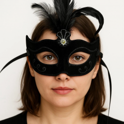 Mey İthalat® Siyah Renk Tüylü Siyah Süet Kaplama Parti Balo Maskesi 20X16 cm