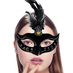 Mey İthalat® Siyah Renk Tüylü Siyah Süet Kaplama Parti Balo Maskesi 20X16 cm