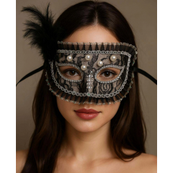 Mey İthalat® Siyah Renk Yandan Tüylü İnci İşlemeli Taşlı Dantelli Parti Maskesi 17x12 cm