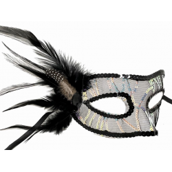 Mey İthalat® Siyah Renk Yandan Tüylü Pul Payet İşlemeli Parti Maskesi 23x12 cm