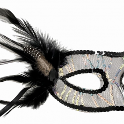 Mey İthalat® Siyah Renk Yandan Tüylü Pul Payet İşlemeli Parti Maskesi 23x12 cm
