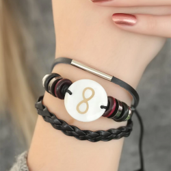Mey İthalat® Siyah Renkli Sonsuzluk Tasarım Çoklu Deri Bayan Bileklik