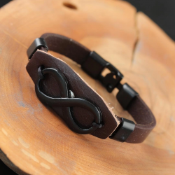 Mey İthalat® Siyah Sonsuzluklu Metal Aksesuarlı Kahverengi Deri Erkek Bileklik