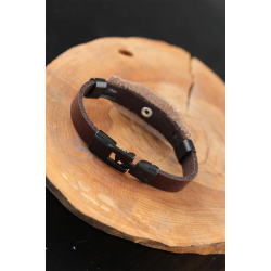 Mey İthalat® Siyah Sonsuzluklu Metal Aksesuarlı Kahverengi Deri Erkek Bileklik