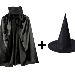 Mey İthalat® Siyah Yakalı Pelerin ve Siyah Cadı Şapkası Seti Çocuk Boy