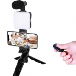 Mey İthalat® Telefon Tutucu Led Işıklı Kumandalı Mikrofon Telefon Vlog Video Kayıt
