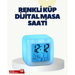 Mey İthalat® Termometre ve Takvim Özellikli 7 Renk Değiştiren Küp Alarm Saati