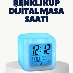 Mey İthalat® Termometre ve Takvim Özellikli 7 Renk Değiştiren Küp Alarm Saati