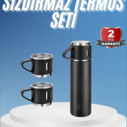 Mey İthalat® Termos Paslanmaz Çelik Termos Siyah Renk 3 Bardaklı Termos Seti