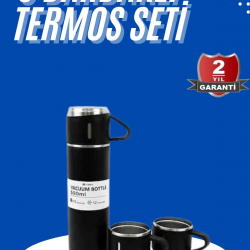 Mey İthalat® Termos Seti 3'lü Bardak Seti Isı Dayanıklı Siyah Paslanmaz Çelik Vakumlu