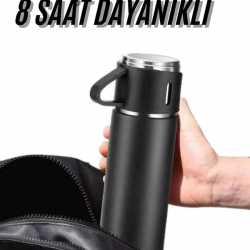 Mey İthalat® Termos Seti 3'lü Bardak Seti Isı Dayanıklı Siyah Paslanmaz Çelik Vakumlu