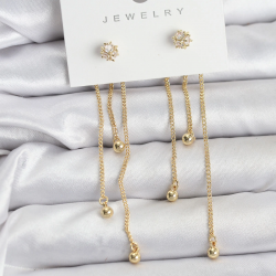 Mey İthalat® Topçuk Model Gold Renk Pirinç Sallantılı Kadın Küpe Seti