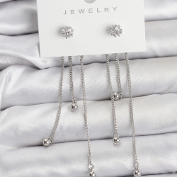 Mey İthalat® Topçuk Model Gümüş Renk Pirinç Sallantılı Kadın Küpe Seti