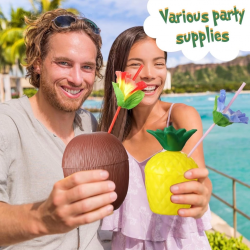 Mey İthalat® Tropikal Parti Bardak Seti – Ananas ve Hindistan Cevizi Şekilli Pipetli Bardaklar (20 Adet)