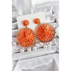 Mey İthalat® Turuncu Hasır Örgü Sarmal Model Sallantılı İnci Detaylı Gold Renk Kadın Küpe