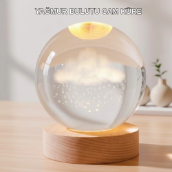 Mey İthalat® USB Bağlantılı 3D Kristal Yağmur Bulutu Lamba Ahşap Tabanlı Dekoratif Aydınlatma