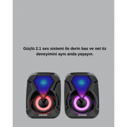 Mey İthalat® USB Bağlantılı RGB 2.1 Hoparlör Seti Derin Bas ve Renkli Işık