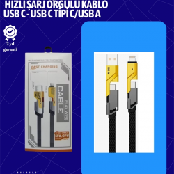 Mey İthalat® USB-C ve Lightning Uyumlu 4'ü 1 Arada Kablo – 65W Hızlı Şarj, Örgülü Dayanıklı Yapı