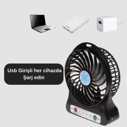 Mey İthalat® USB Girişli Taşınabilir Masaüstü Mini Fan – 3 Kademeli Hız, Şarjlı, Işıklı, Sessiz Çalışma
