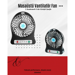 Mey İthalat® USB Girişli Taşınabilir Masaüstü Mini Fan – 3 Kademeli Hız, Şarjlı, Işıklı, Sessiz Çalışma